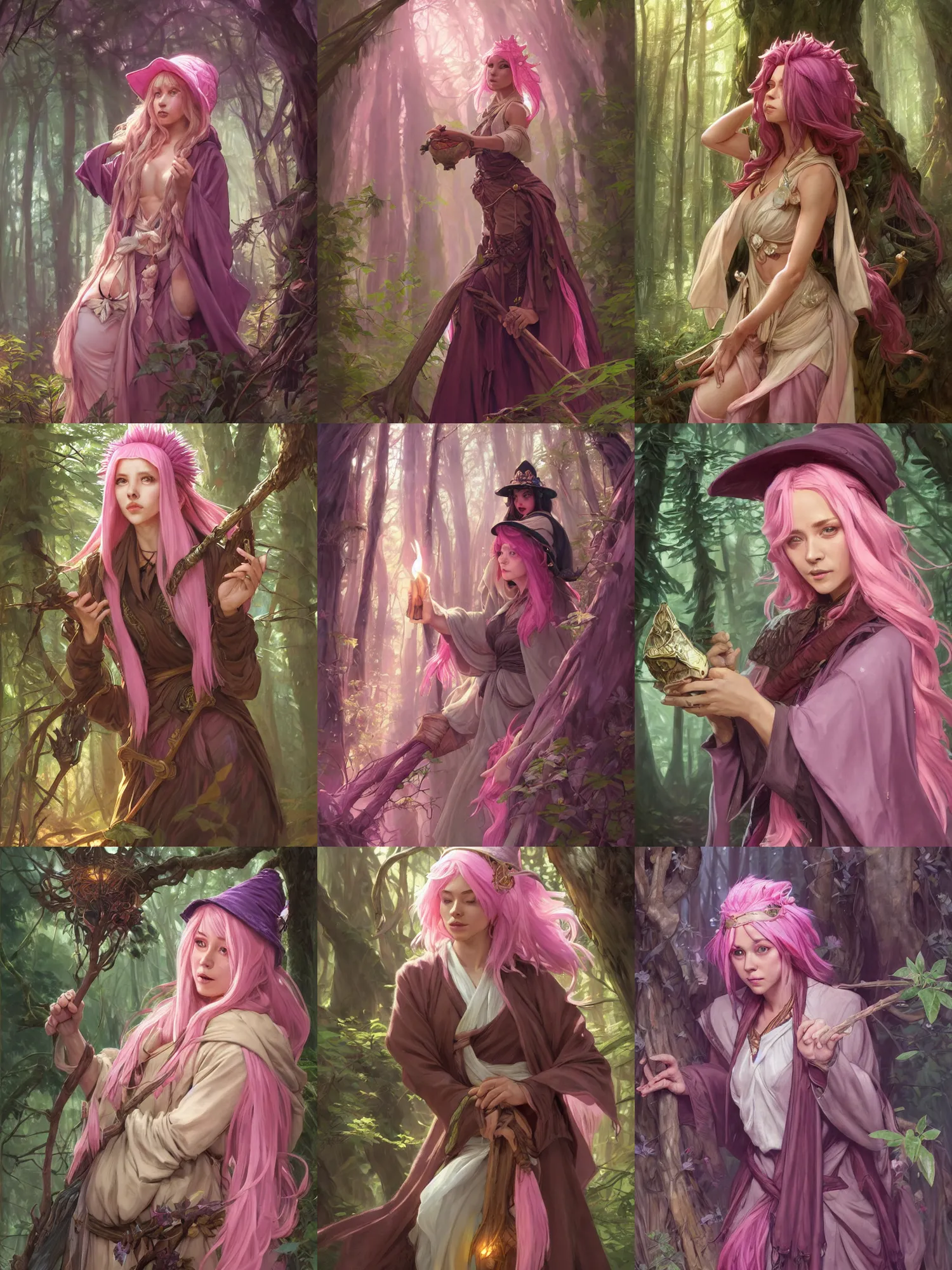 Prompt: picture of cute female wizard in the forest, ferred - themed robes and hat, pink hair, brown skin, energetic, high fantasy, highly detailed, detailed faces, smooth, sharp focus, chiaroscuro, digital painting, concept art, artgerm and greg rutkowski and alphonse mucha