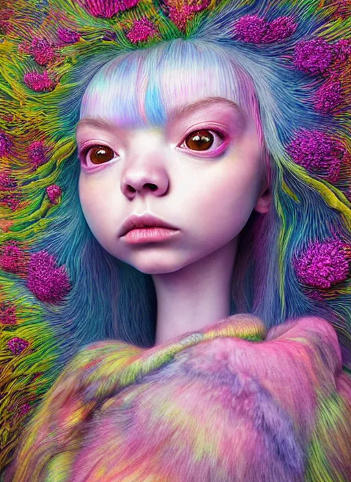 Image similar to hyper detailed 3d render like a Oil painting - kawaii portrait Aurora (a skeksi from dark crystal that looks like Anya Taylor-Joy) seen Eating of the Strangling network of yellowcake aerochrome and milky Fruit and His delicate Hands hold of gossamer polyp blossoms bring iridescent fungal flowers whose spores black the foolish stars by Jacek Yerka, Ilya Kuvshinov, Mariusz Lewandowski, Houdini algorithmic generative render, Abstract brush strokes, Masterpiece, Edward Hopper and James Gilleard, Zdzislaw Beksinski, Mark Ryden, Wolfgang Lettl, hints of Yayoi Kasuma, octane render, 8k