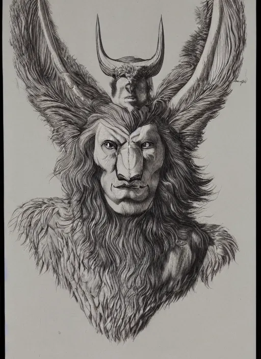 Image similar to human / eagle / lion / ox hybrid with two horns, one big beak, mane, human body. drawn by francis bacon