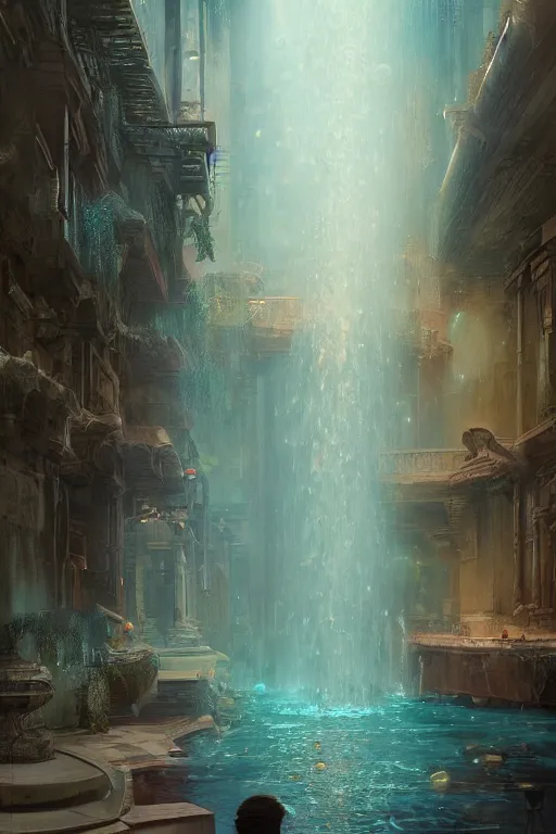 Image similar to inside the antique street of atlantis the city of water, waterfall, intricate, elegant, volumetric lighting, digital painting, highly detailed, artstation, sharp focus, illustration, concept art, ruan jia, steve mccurry