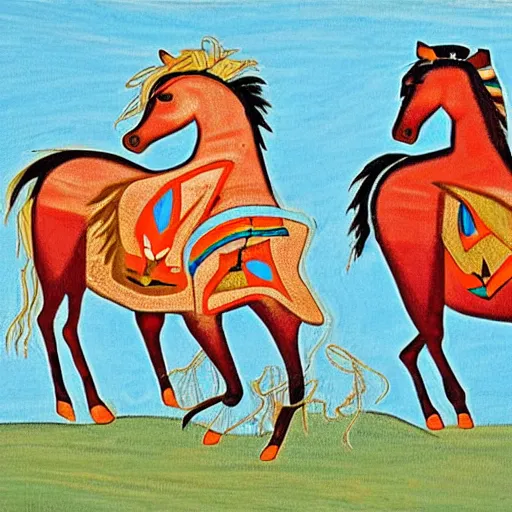 Prompt: horses on plains in Navajo art style