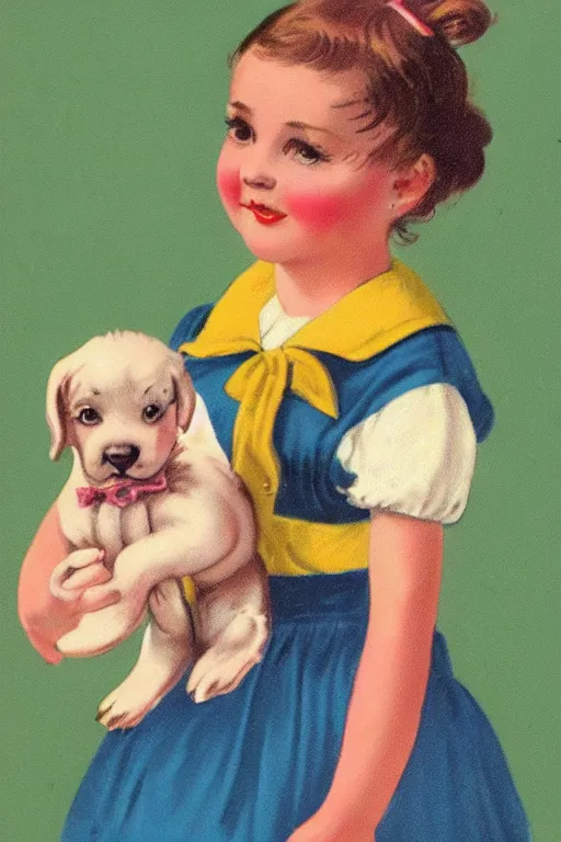 Image similar to a vintage cute girl with pigtails and puppy, beautiful colors, painted in the style Vintage greeting card, detailed