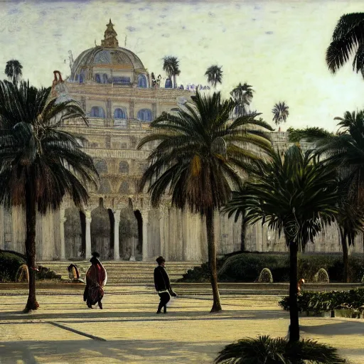 Image similar to a ultradetailed beautiful photo of the amazonas palace designed by jules bastien - lepage, hans belmer, frank weston and gustave baumann, people walking around, trending on artstation, mediterranean, palm trees, light sparkles, sharp focus, soft light, 8 k 4 k