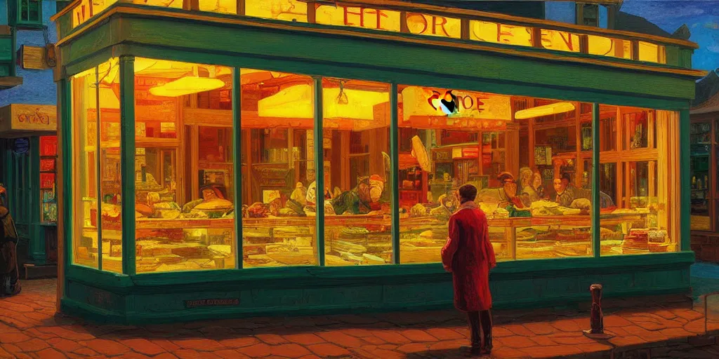 Prompt: a cheese shop window, by dan mumford and peter doig and edward hopper, highly detailed, dramatic lighting, 8 k