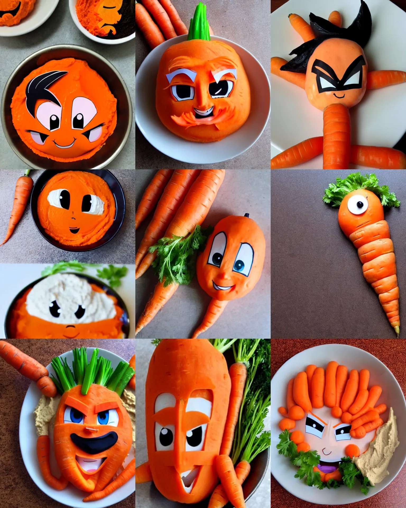 Prompt: a photo of a carrot, carrot vegetable fusion with goku from dragon ball's face on the carrot, dipping carrot in hummus