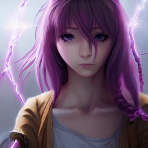 Prompt: renaissance painting of a very beautiful 2d anime girl, hot petite, long braided violet hair, hazel eyes, full round face, short smile, cinematic lightning, medium shot, mid-shot, highly detailed, trending on Artstation, Unreal Engine 4k, cinematic wallpaper