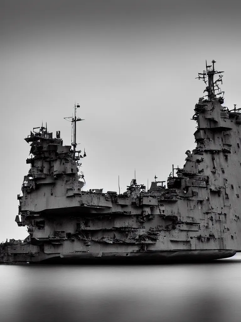 Prompt: long exposure photography of a battleship wreck in the sea, photorealistic, minimalism, black and white fine art photography