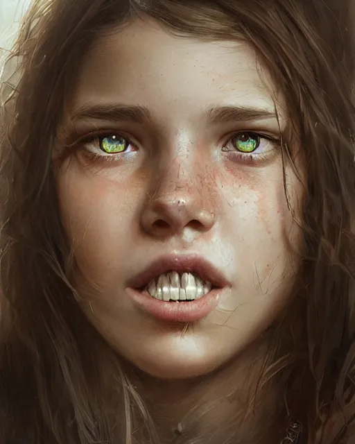 Image similar to portrait of 1 5 - year - old girl with thick brown hair, large front teeth, and bright piercing brown eyes, hyper realistic face, beautiful eyes, fantasy art, in the style of greg rutkowski, intricate, hyper detailed, smooth