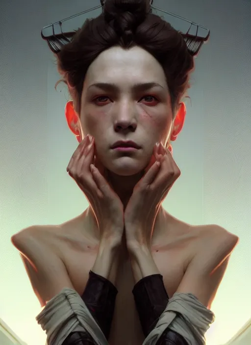 Image similar to symmetry, concept art by artgerm, distance portrait of a hyper realistic, frowning, sad bobby - six - killer from the rebel by greg rutkowski, alphonse mucha, octane render, highly detailed, high quality, 8 k, soft lighting, path traced, and uang guangjian and gil elvgren, symmetry!!