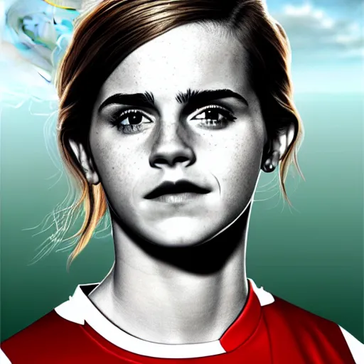 Image similar to emma watson as a lokomotiv football player, face portrait, hyper realistic, highly detailed