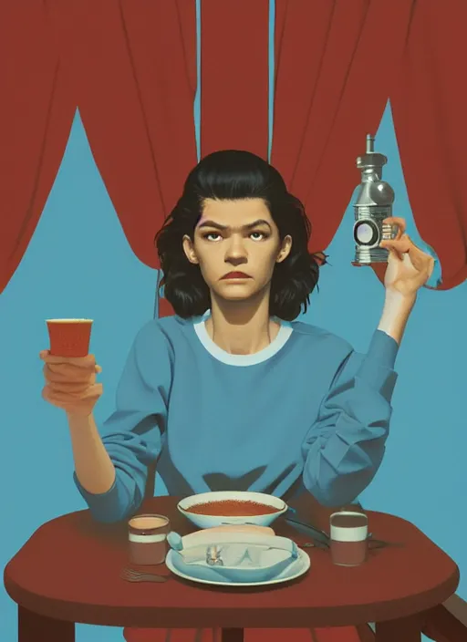 Prompt: Twin Peaks poster artwork by Michael Whelan, Bob Larkin and Tomer Hanuka, of portrait of Zendaya wearing baby blue diner color waitress dress, from scene from Twin Peaks, simple illustration, domestic, nostalgic, from scene from Twin Peaks, clean, full of details, by Makoto Shinkai and thomas kinkade, Matte painting, trending on artstation and unreal engine