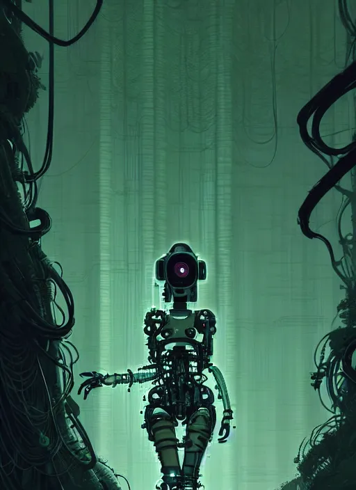 Image similar to highly detailed portrait of a biopunk cyborg long wavy dark hair tribal lady, stray wiring by atey ghailan, james gilleard, by joe fenton, by greg rutkowski, by greg tocchini, by kaethe butcher, 4 k resolution, gradient green, black and white color scheme!!! ( ( forested robotic dense jungle background ) )