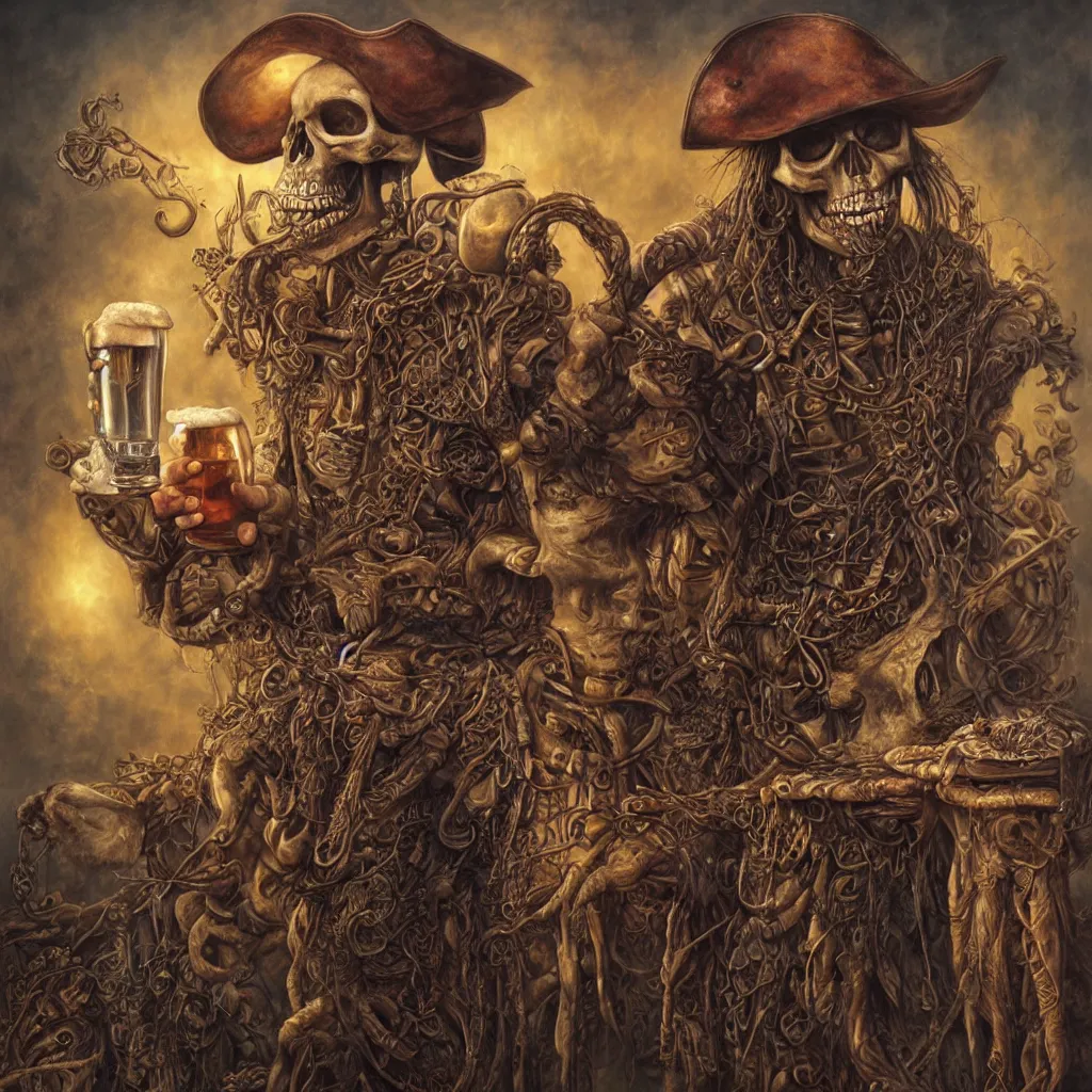 Prompt: photorealistic pirate skeleton drinking beer by tomasz alen kopera and Justin Gerard