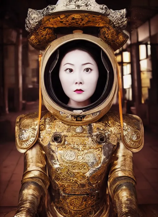 Prompt: old vintage photo of powerful Chinese ancient sentiel standing in the ancient temple during ritual big space suit helmet in front of her on the table, symmetrical face, big eyes and lips, looking at camera, subtle makeup, clean face and body skin,ecstatic expression,volumetric lights,depth of field, lens flares, dust in the air, moody lighting, intricate, elegant, highly detailed, centered, smooth, sharp focus, Donato Giancola, Joseph Christian Leyendecker, WLOP, Boris Vallejo, Artgerm moody photography, old photo, black and white, sepia, cinematic lighting, cinematic angle, national geographic