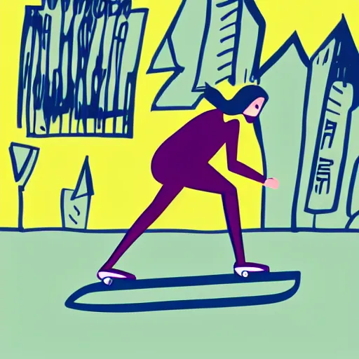 Image similar to modern stylized illustration of a girl riding a skateboard with one leg up and the other on the deck going fast, side view