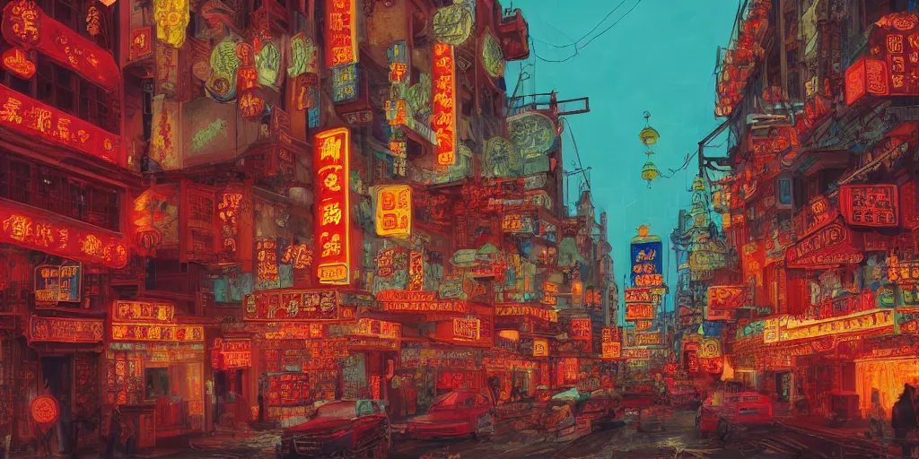 Image similar to old chinatown that never sleeps, neon lights, mythology, fairy tale, urban landscape, evening, highly detailed, low angle view, artstation, in the style of aetherpunk