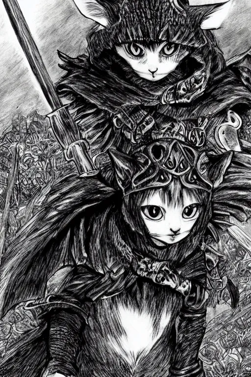 Image similar to Baby Kitten as a knight, highly detailed, black and white, manga, art by Kentaro Miura