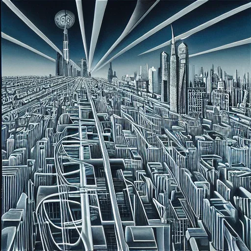 Image similar to Brooklyn skyline painting by MC Escher, realistic, abstract, ambient lighting, atmospherical, stunning visuals, creative, cinematic, ultra detailed, trending on art station