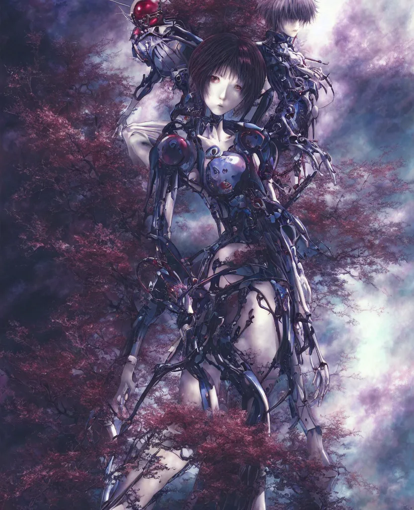 Image similar to realistic digital illustration of fantasy science fiction landscape, rei ayanami, depth perception, depth of field, high resolution, action horror, gothic, rich deep colors. by yoshitaka amano, by yukito kishiro, by yoshiyuki sadamoto, masterpiece