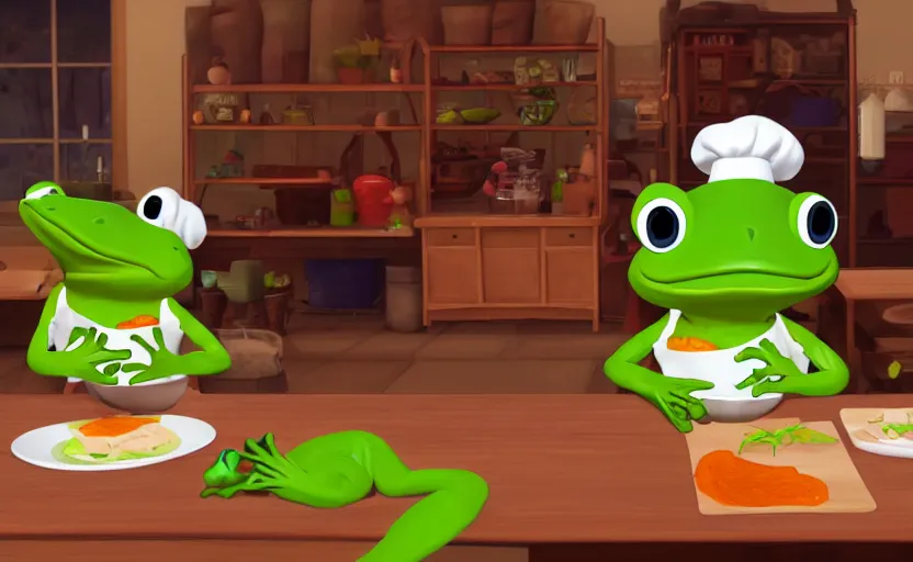 Prompt: ps 5 game about a cute frog chef making soup in oregon, unity screenshot,
