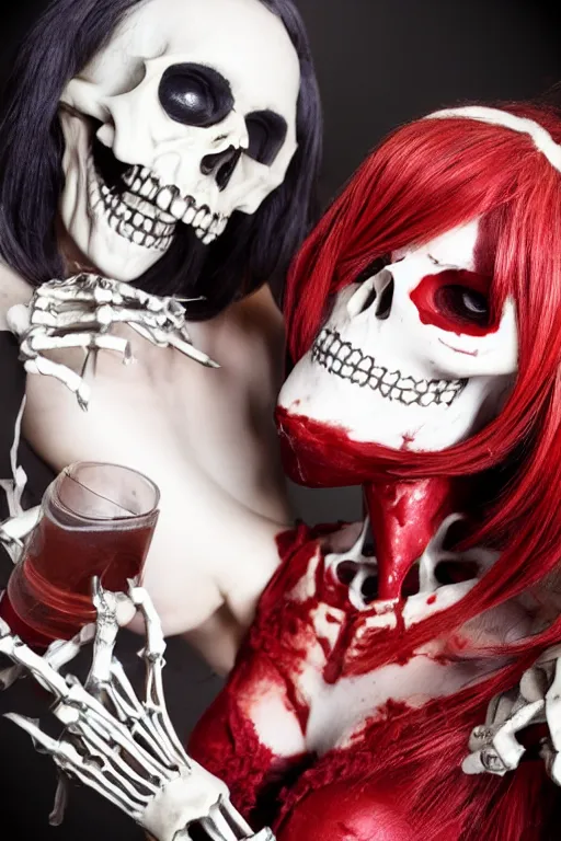 Image similar to beautiful lady skeleton drinking from a blood filled goblet, cosplay, studio lighting