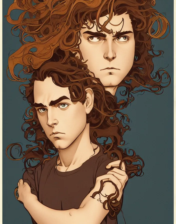 Image similar to art nouveau portrait of a young super hero with curly light brown hair, brown eyes, serious facial expression, gloomy mood, angry, t - shirt, natural lighting, path traced, highly detailed, high quality, cartoon, digital painting, by don bluth and ross tran and studio ghibli and alphonse mucha