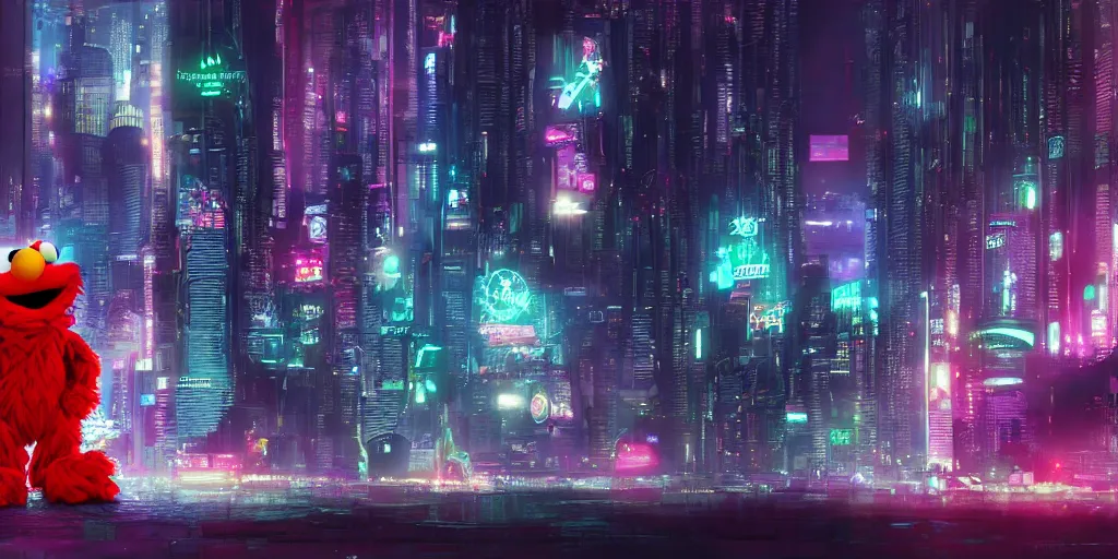 Image similar to elmo!! in cyberpunk night city wallpaper rendering, digital art