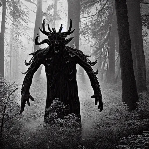 Prompt: an ancient daemon on a mysterious fractal forest, demon, evil, entity, mist, 1910 photography, Black and white