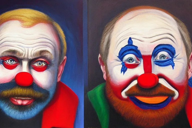 Image similar to putin as a clean-shaven sad hobo clown. head shot portrait. oil painting by emmett kelly.