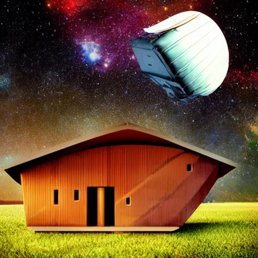 Image similar to a house floating on space galaxy