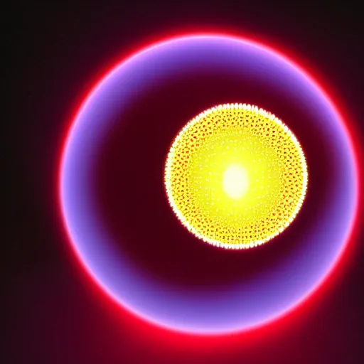 Prompt: a ball of gold nanoparticles, illuminated by a red laser beam, the environment is living