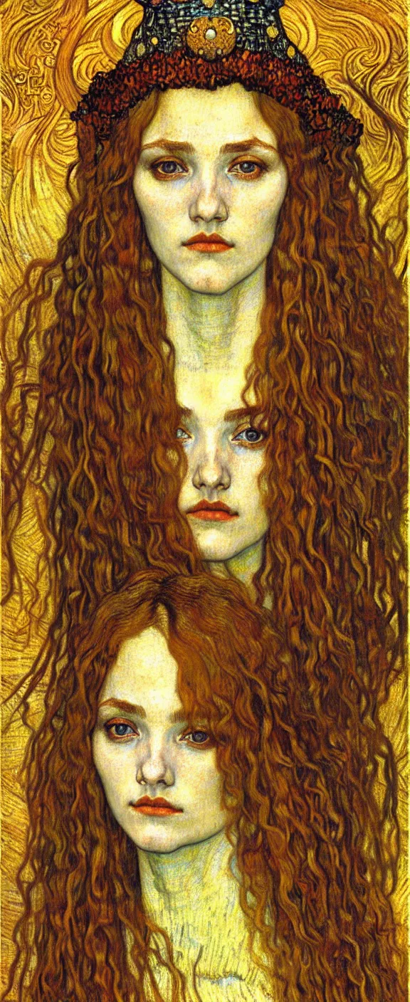 Image similar to detailed realistic beautiful young medieval queen face portrait by jean delville, gustav klimt and vincent van gogh, art nouveau, symbolist, visionary, gothic, pre - raphaelite, muted earthy colors, desaturated