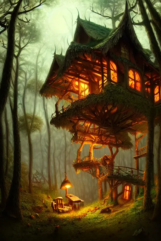 Image similar to a storybook illustration of a ramshackle multistory fairytale hut in the forest, intricate, elegant, fantasy, highly detailed, overcast lighting, digital painting, concept art, sharp focus, artstation, painted by Albert Bierstadt