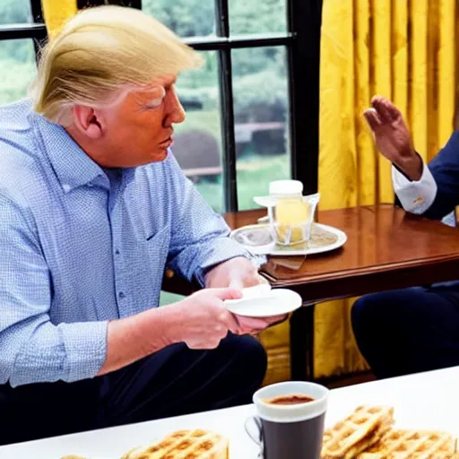 Image similar to photograph of trump and Biden sitting and eating breakfast at a Wafflehouse