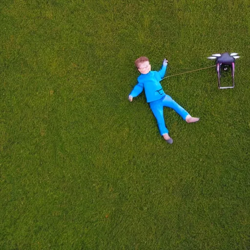 Image similar to a boy flying a drone as if it were a kite tied to a string.