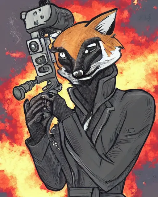 Image similar to a fox wearing a black trench - coat holding a diamond studded mini - gun, comic art style, digital art,