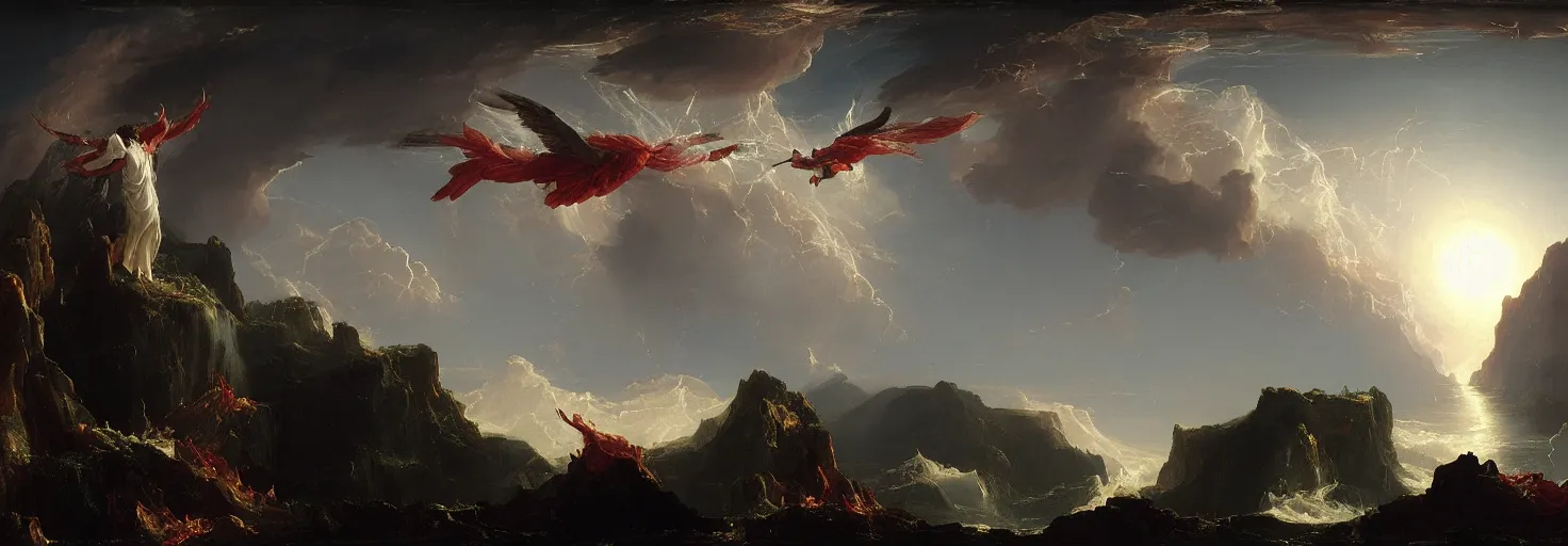 Prompt: an awe-inspiring thomas cole digital art landscape painting of Icarus crashing and burning while his father Daedalus looks on in disbelief, unreal engine, 4k, matte