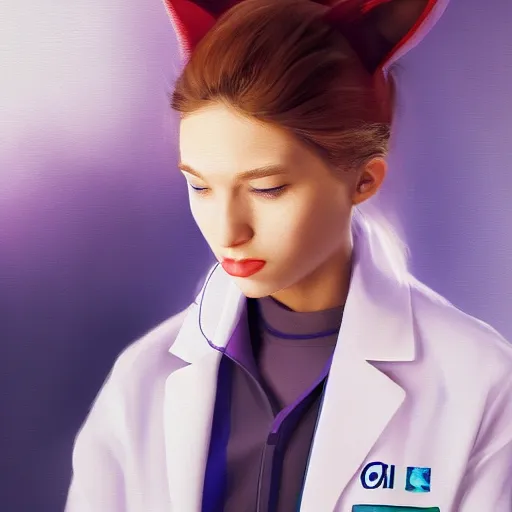 Prompt: girl with cat ears wearing a labcoat in a biology lab, microscope on the table, expressive oil painting, matte art, trending on artstation, sunlit, octane render, brushstrokes, beautiful face portrait, beautiful lighting