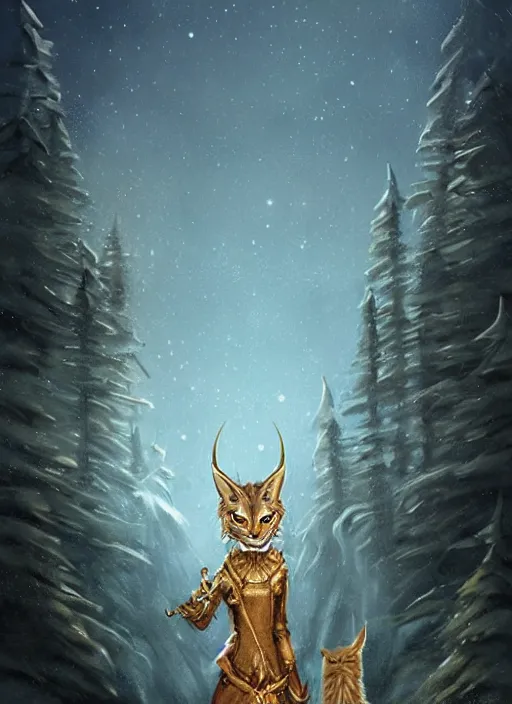 Image similar to anthropomorphic lynx holding a golden intricately decorated shiny scepter, night, spruce trees on the sides, mountains in the background, eerie dark atmosphere, moonlit, back light, fantasy art by charlie bowater and yoshitaka amano, trending on artstation