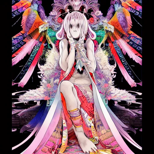 Prompt: goddess of the owls in feathered robe, humanoid, forest ritual, manga, shigeto koyama, narumi kakinouchi,jean giraud, anime, bright colors, beautiful, 28mm lens, vibrant high contrast, gradation, cinematic, rule of thirds, great composition, intricate, detailed, flat, matte print, sharp,clean lines, Ilya Kuvshinov