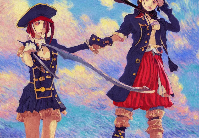 Prompt: wide angle perspective of a female pirate, centered, single subject, a thrifty uniform, somewhat of an anime in impressionist style, trending artwork, made with anime painter studio, by claude monet and an anime artist, collaboration