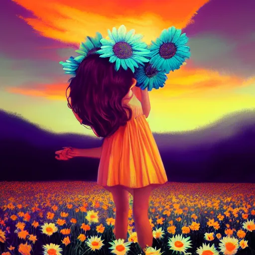 Image similar to girl with a giant daisy head, surreal photography, flower field, sunset dramatic light, impressionist painting, colorful clouds, blue sky, digital painting, artstation, simon stalenhag