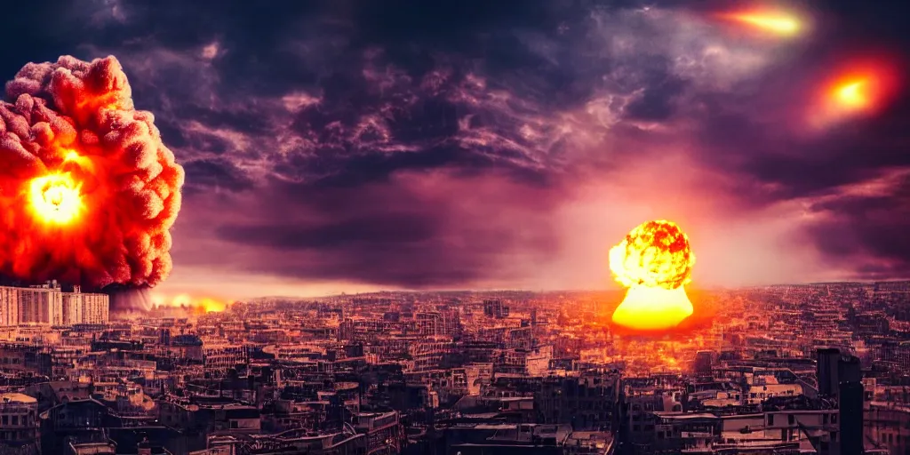 Prompt: beautiful centered action photography shot of extremely detailed hyper realistic nuclear bomb explosion in a city, professional film photography, 8 k, cinematic framing,