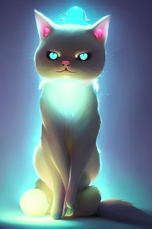 Image similar to super cute Bioluminescent cat character concept, soft light, soft mood, realistic body features and face, illustration, painting oil on canvas by Elena Zhurikhina and Goro Fujita and Charlie Bowater, octane render trending on artstation, 4k, 8k, HD