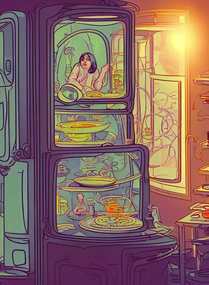 Image similar to telephoto 7 0 mm f / 2. 8 iso 2 0 0 photograph depicting the feeling of chrysalism in a cosy safe cluttered french sci - fi ( ( art nouveau ) ) cyberpunk apartment in a pastel dreamstate art cinema style. ( person cooking ) ( ( fish tank ) ), ambient light.