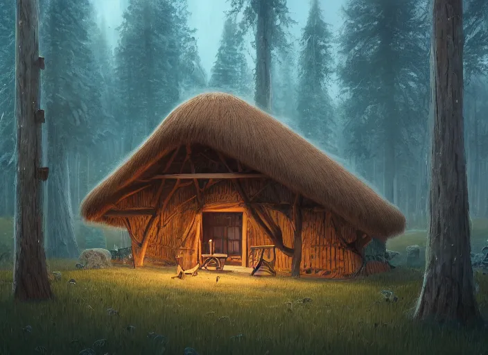 Prompt: a very simple cabin made of thatch and straw in a mystical forest full of wonders, pine trees, magical atmosphere, trending on artstation, 30mm, by Noah Bradley trending on ArtStation, deviantart, high detail, stylized portrait