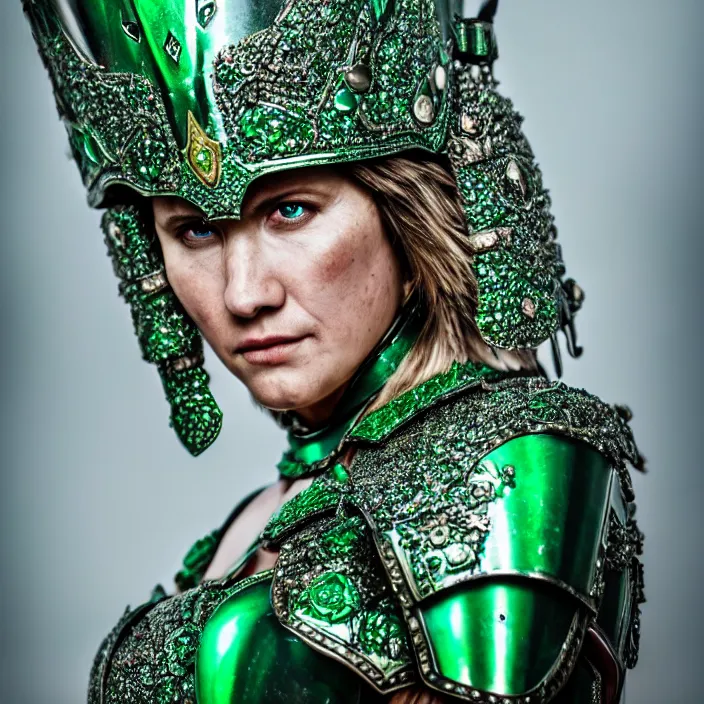 Prompt: full length photo of a beautiful strong warrior queen wearing emerald encrusted armour, highly detailed, 4 k, hdr, smooth, sharp focus, high resolution, award - winning photo
