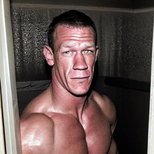 Prompt: grainy photo of john cena as a creepy monster in a closet, harsh flash