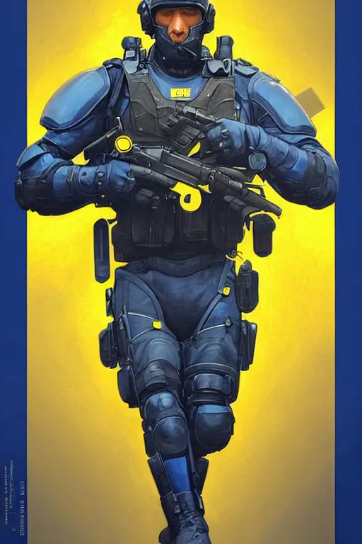 Image similar to a swat unit modern technology, blue and yellow shoulder patch, realistic portrait full body, symmetrical, highly detailed, digital painting, artstation, concept art, smooth, sharp focus, illustration, cinematic lighting, art by artgerm and greg rutkowski and alphonse mucha