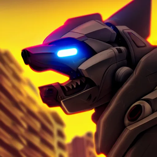 Image similar to highly detailed cinematic shot of a mecha canine, sharp claws, glowing visor, charging through city, digital art, furry art, furaffinity, deviantart, dragon art